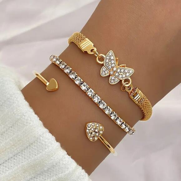 Unbranded Jewelry - NEW 3pc Gold Bracelet Set – Adjustable Butterfly & Heart Charm Jewelry